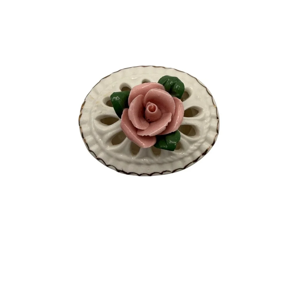 Vintage Ceramic Rose Trinket Box Lattice Heart Cutout Pink Gold Trim Small Oval